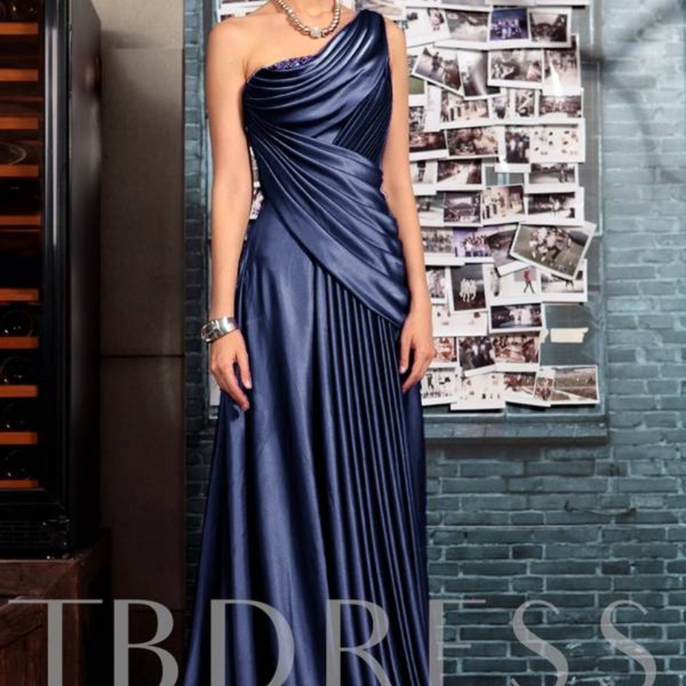 Blue One Shoulder Floor-length Evening Event Dress